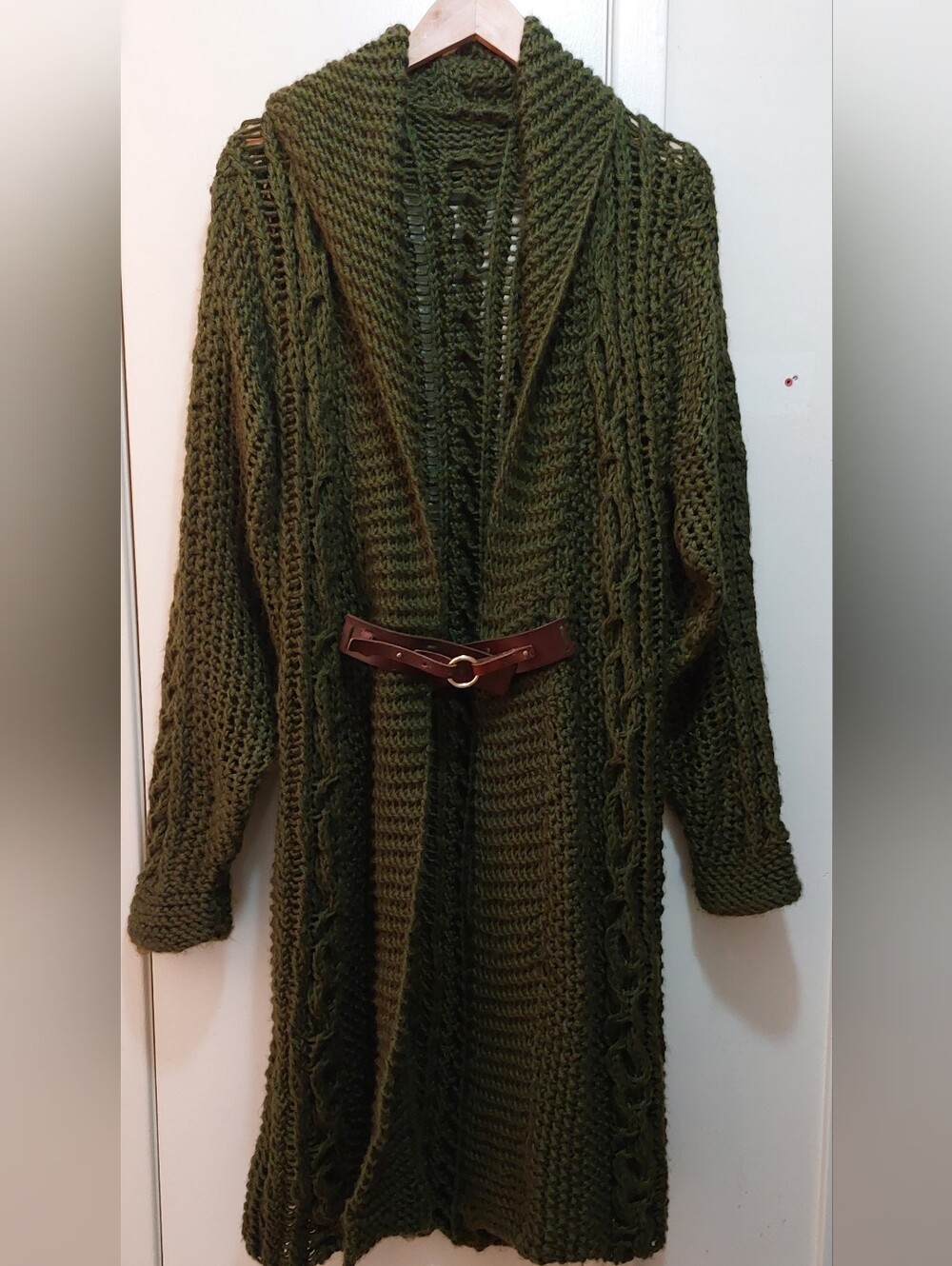 Knit Coatigan Forest Green Knit Coat Brown Leather/Gold Metal Closure